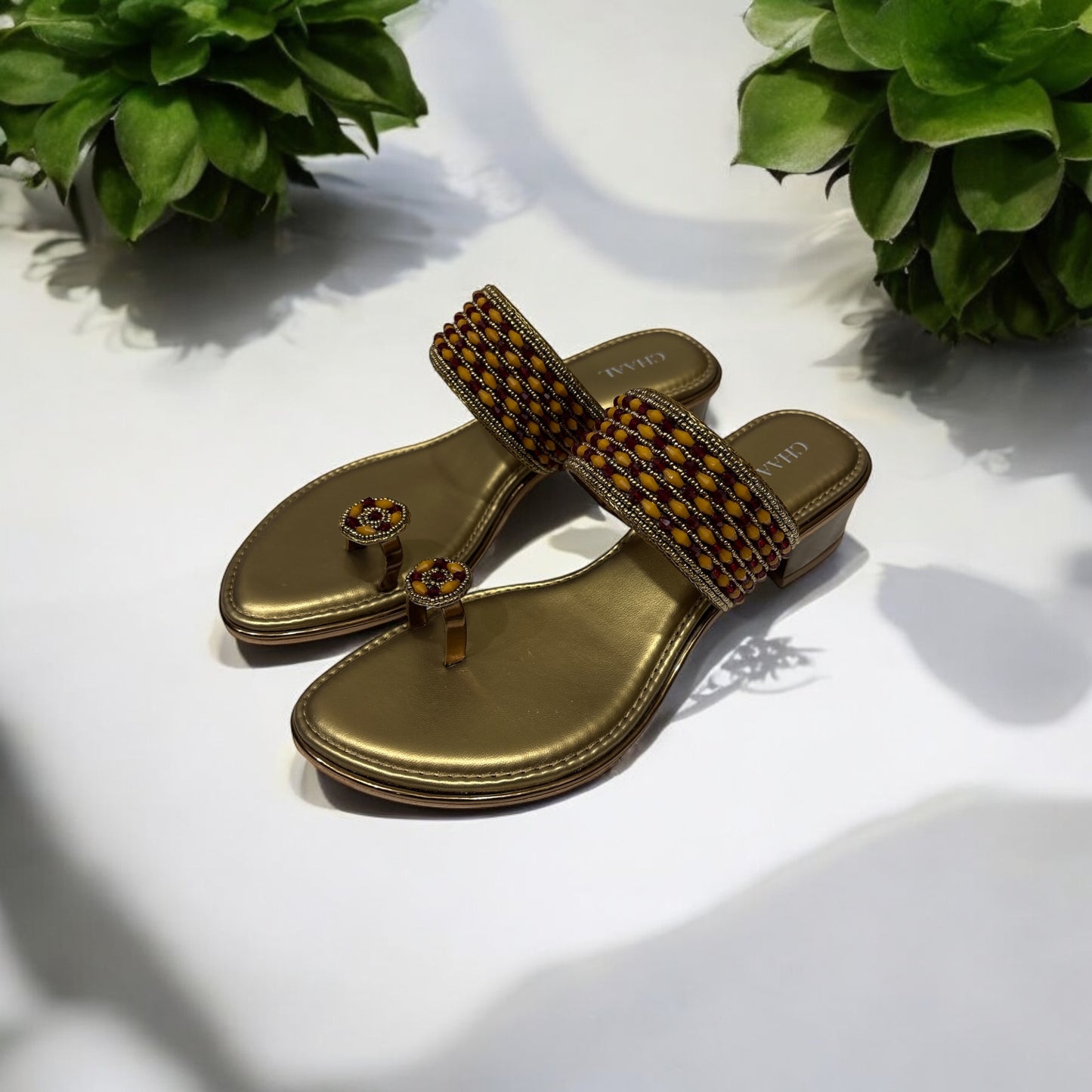 Elegant Gold Beaded Slip-On Kolhapuri Sandals for Women